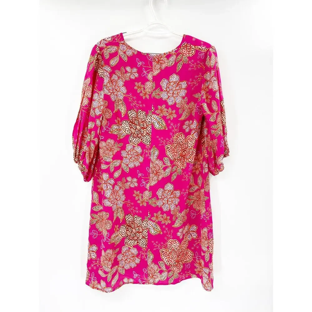 Johnny‎ Was Vesna Pink Floral Print Short Sleeve Silk Mini Dress Size Small